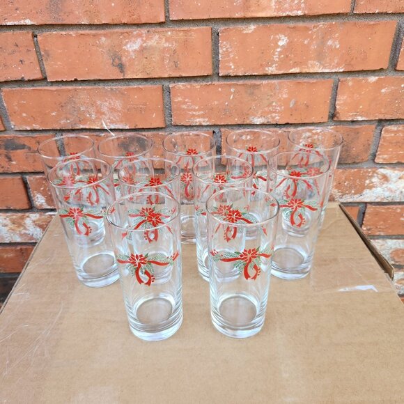Vintage Anchor Hocking Poinsettia & Ribbons 15 oz. Iced Tea Drinking Glasses - Picture 1 of 4